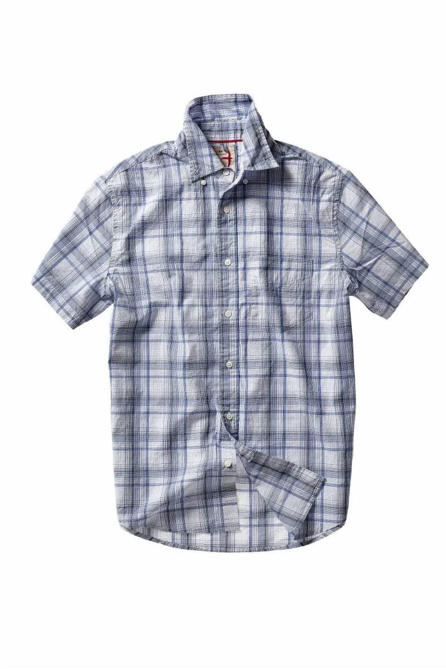 NEW RELWEN men's half-sleeve cotton shirt in white blue plaid
